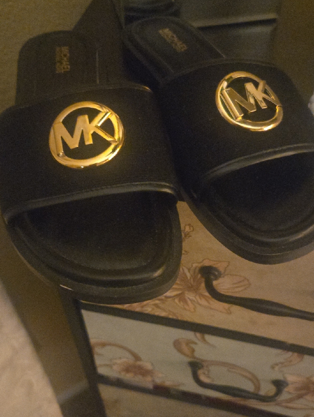Michael Kors Black Slide Sandals with Gold MK Medallion